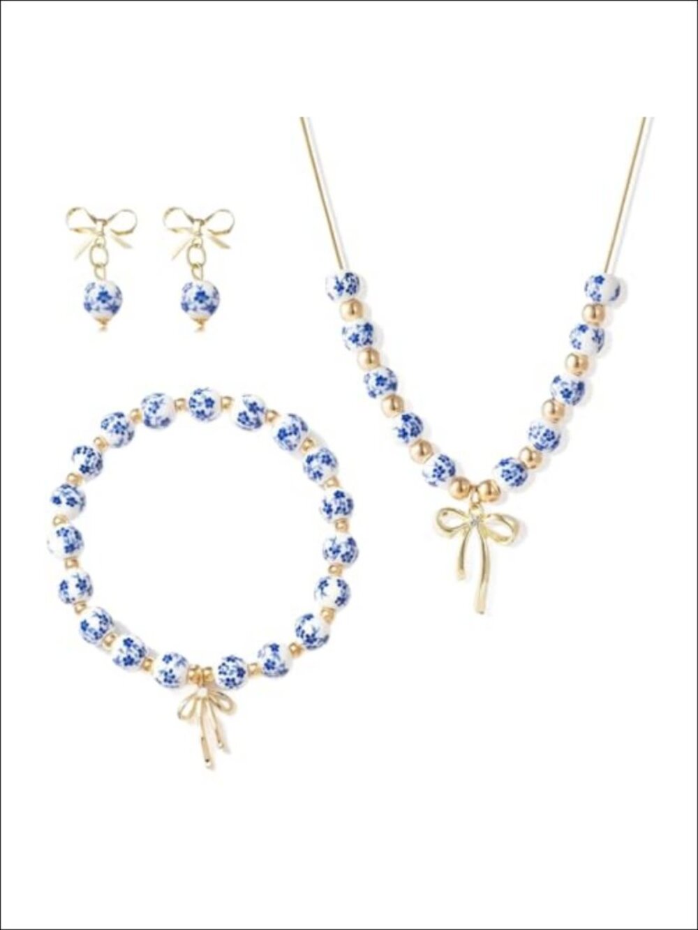 Gold Tone Bow Beaded Jewelry Set Necklace Bracelet Earrings